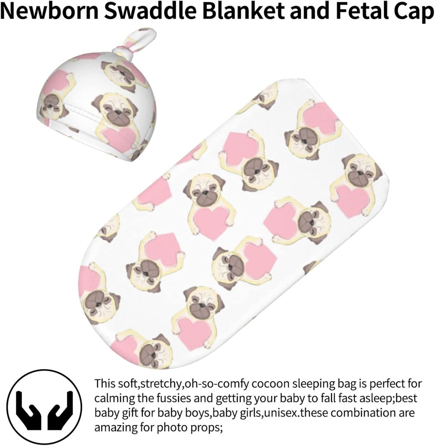 Pink Pug Baby Stuff Newborn Swaddle Blanket Baby Swaddle Blankets Wrap Receiving Blanket Pug Gifts for Pug Lovers with Beanie Hat for Boy Girl