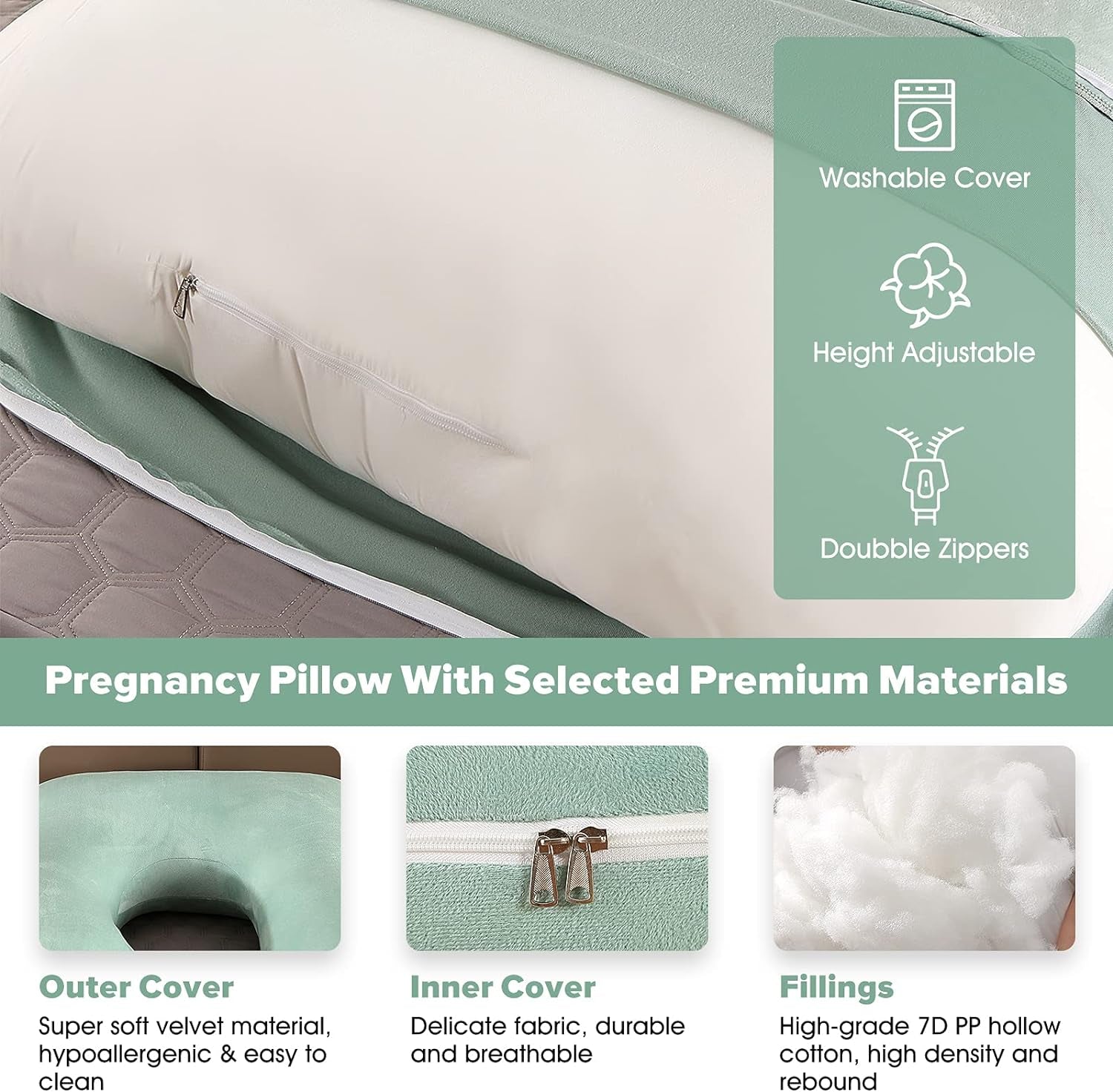 Pregnancy Pillows,U Shaped Full Body Maternity Pillow with Removable Cover,Support for Pregnant Women,57 Inch Pregnancy Pillows for Sleeping (Green,Velvet)