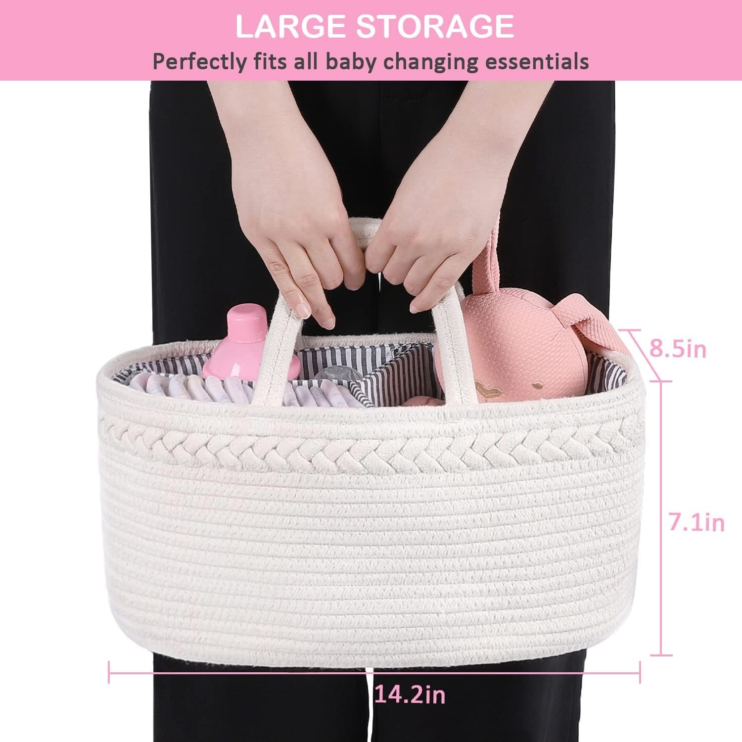 Baby Diaper Caddy, Nursery Storage Bin and Car Organizer for Diapers Wipes, Cotton Rope Basket Changing Table Caddy