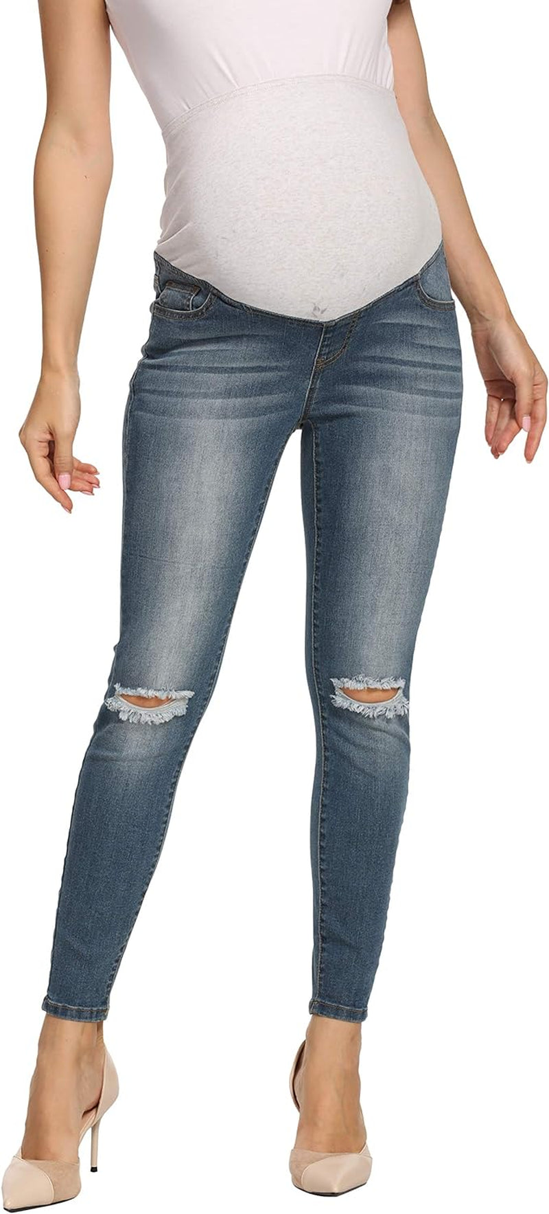 Maternity Overbump Mom Skinny Jeans Ripped Knees Holes Slim Pregnancy Jean Indigo Blue Medium