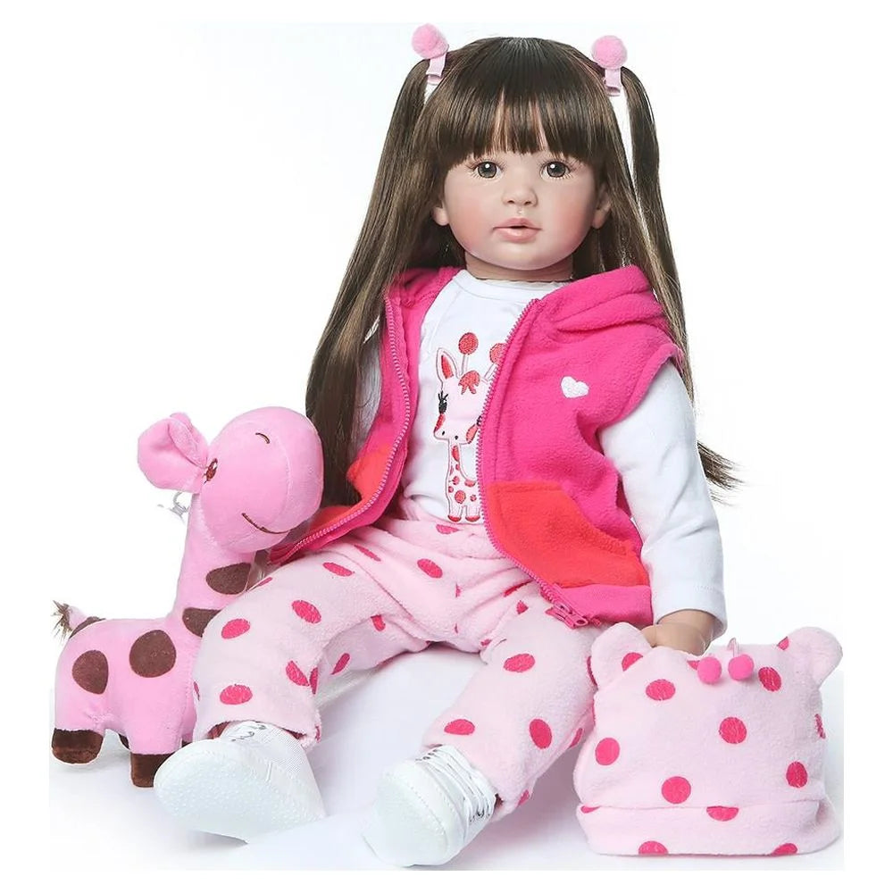 24" Reborn Baby Doll Silicone Doll Long Hair Pink Dress Girl