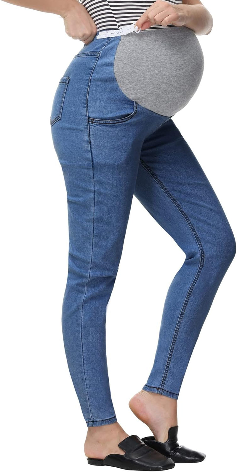 Women'S Maternity Pull on Slim Fit Ankle Jeans Winter Denim Pants with Pockets