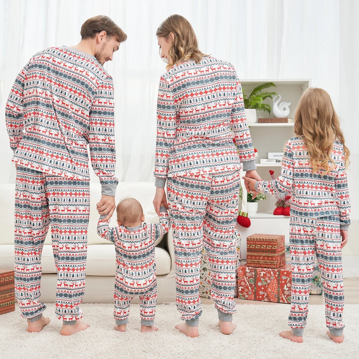 Family Matching Christmas Deer Printing Family Fitted Cotton Soft Two-Piece Pajamas Sets Outfits, Unisex