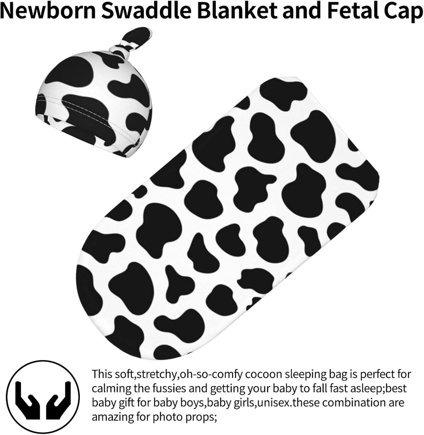 Cow Print Newborn Swaddle Blanket Baby Receiving Blanket with Beanie Hat Soft and Stretchy Infant Swaddle Wrap Blanket