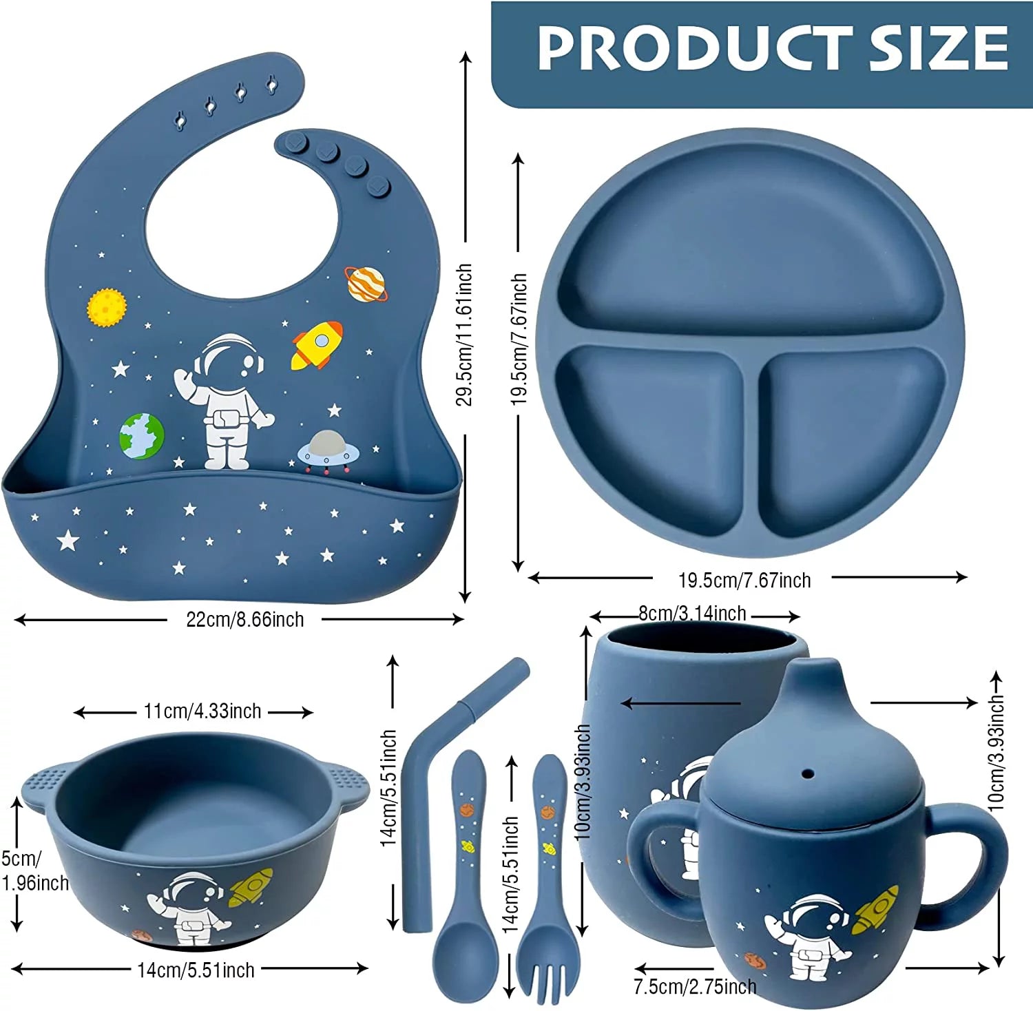 Soft Silicone Baby Feeding Set with Pattern Baby Toddler Tableware Set Baby Led Weaning Supplies Includes Adjustable Bib,Suction Bowl Suction Divided Plate Straw Cup First Stage Spoon Fork