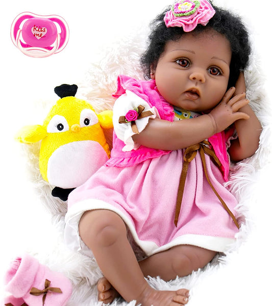 Reborn Baby Dolls Black 22 Inch Realistic Baby Girl Doll Weighted Newborn Baby Doll with Feeding Toy Accessories