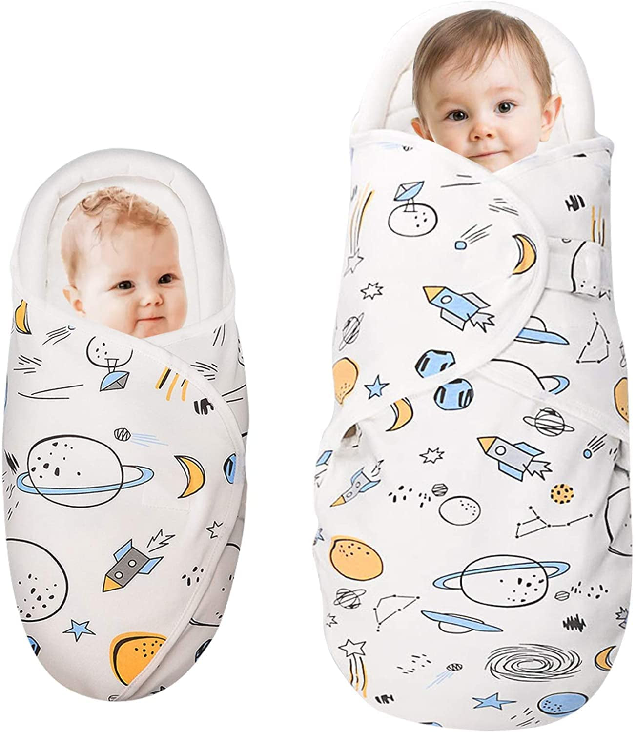 Baby Swaddle Blankets, Unisex Baby Blanket Wrap for Newborn Baby Boys Girls, Skin Friendly Wearable Swaddle Sleep Sack Made of Combed Cotton(Planet, White, 0-3 Months + 3-6 Months)