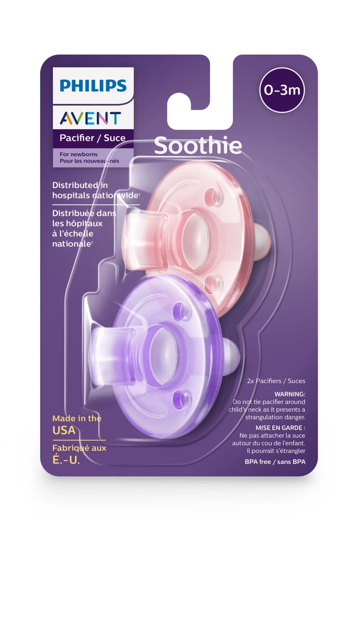 Soothie Pacifier, 0-3 Months, Pink/Purple, 2 Pack, SCF190/02