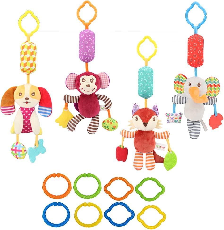 Baby Stroller Rattle Toy, Soft Baby Rattle Toys, Hanging Rattle Clip on Car Seat and Baby Stroller for Infants, Sensory Plush Animal Toys for Newborn Baby Girls and Boys (12 Pcs A)