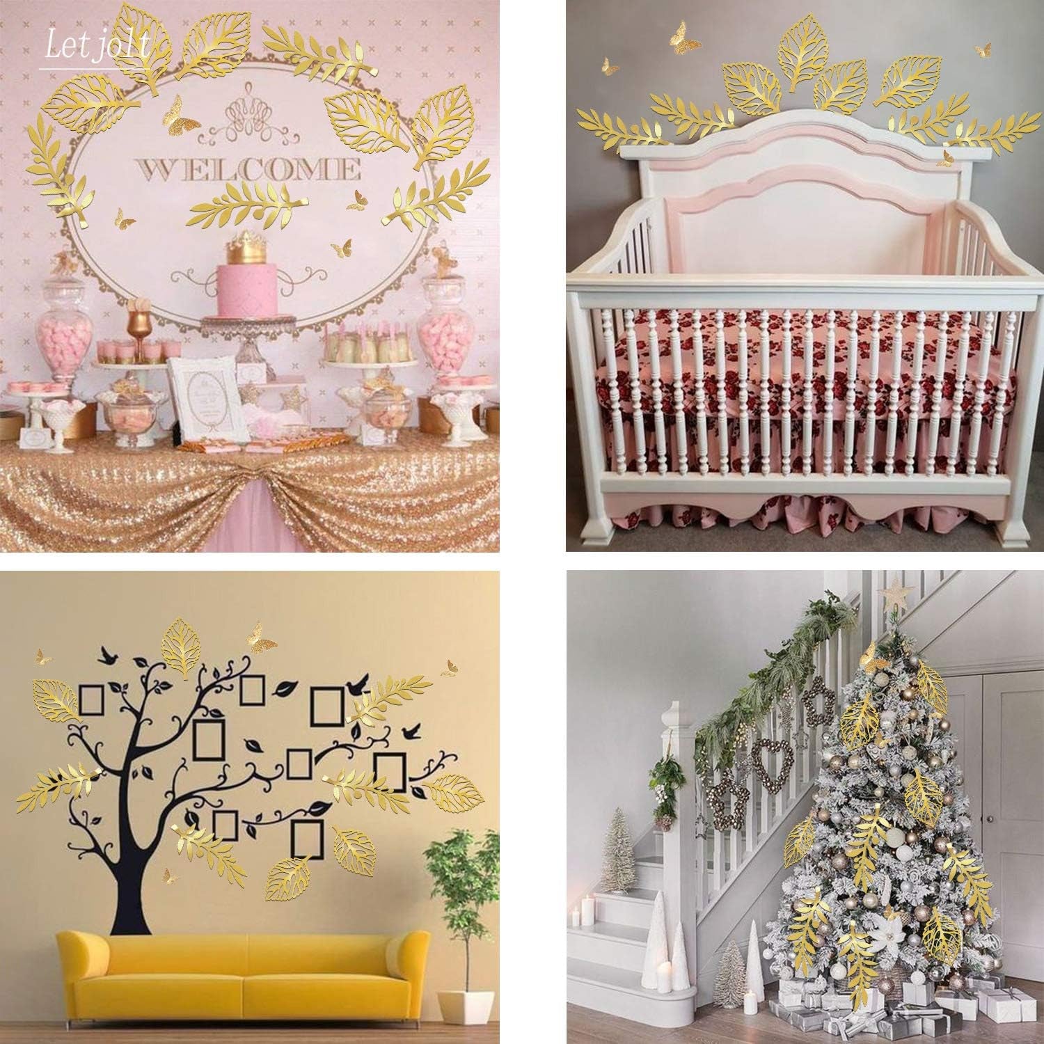 Golden Leaves Wall Decal Paper Butterflies Set Decorations for Family Tree Photo Wall Crafts Leaf Glitter Butterfly Nursery Decor Baby Shower Wedding Backdrop Christmas Decoration 13 Pcs