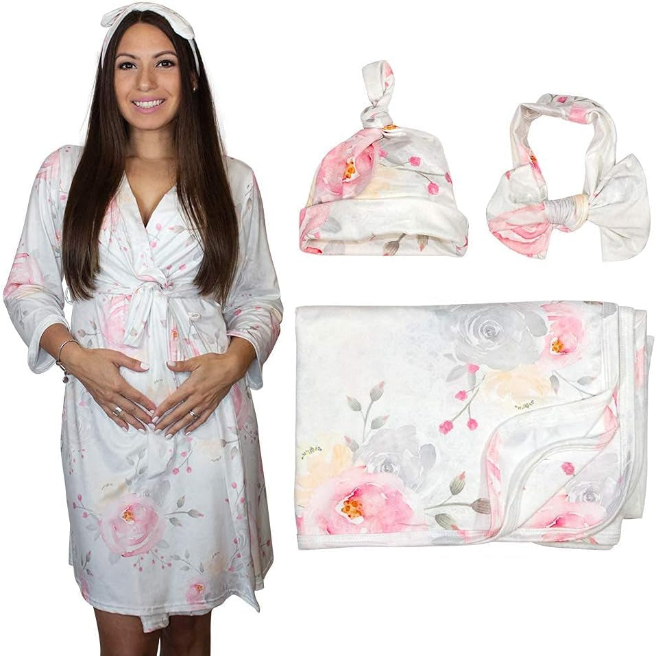 Maternity Robe and Baby Swaddle Blanket, Milk Silk Matching Delivery Robe and Swaddling Wrap for Mom and Baby