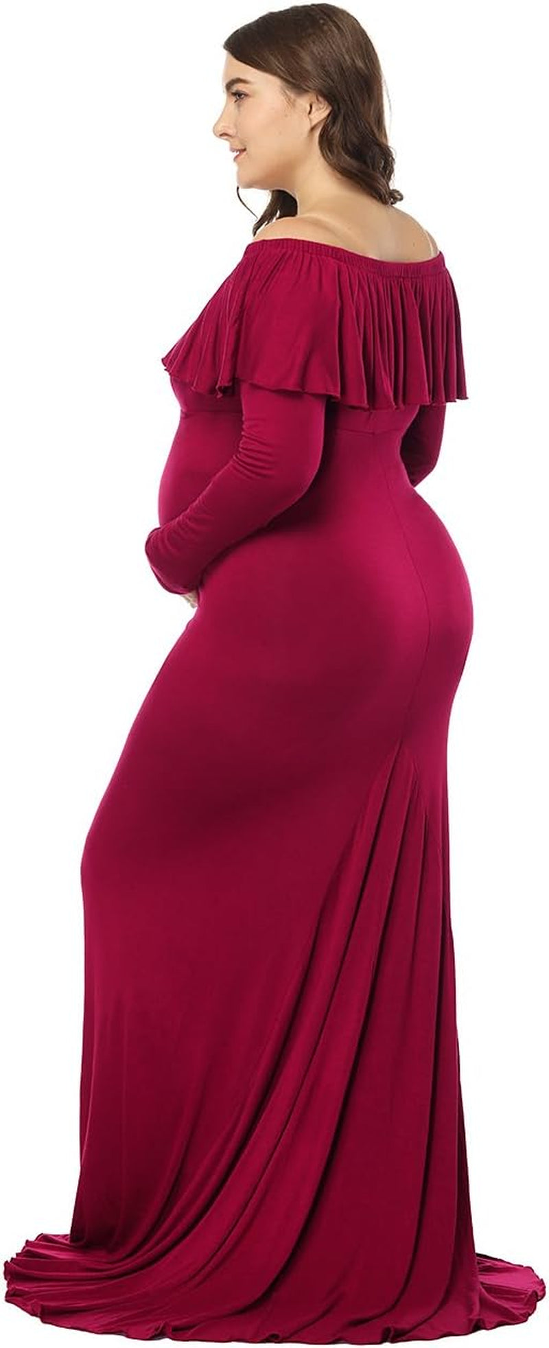 Maternity Fitted Elegant Gown Long Sleeve off Shoulder Ruffles Maxi Photography Dress for Photoshoot