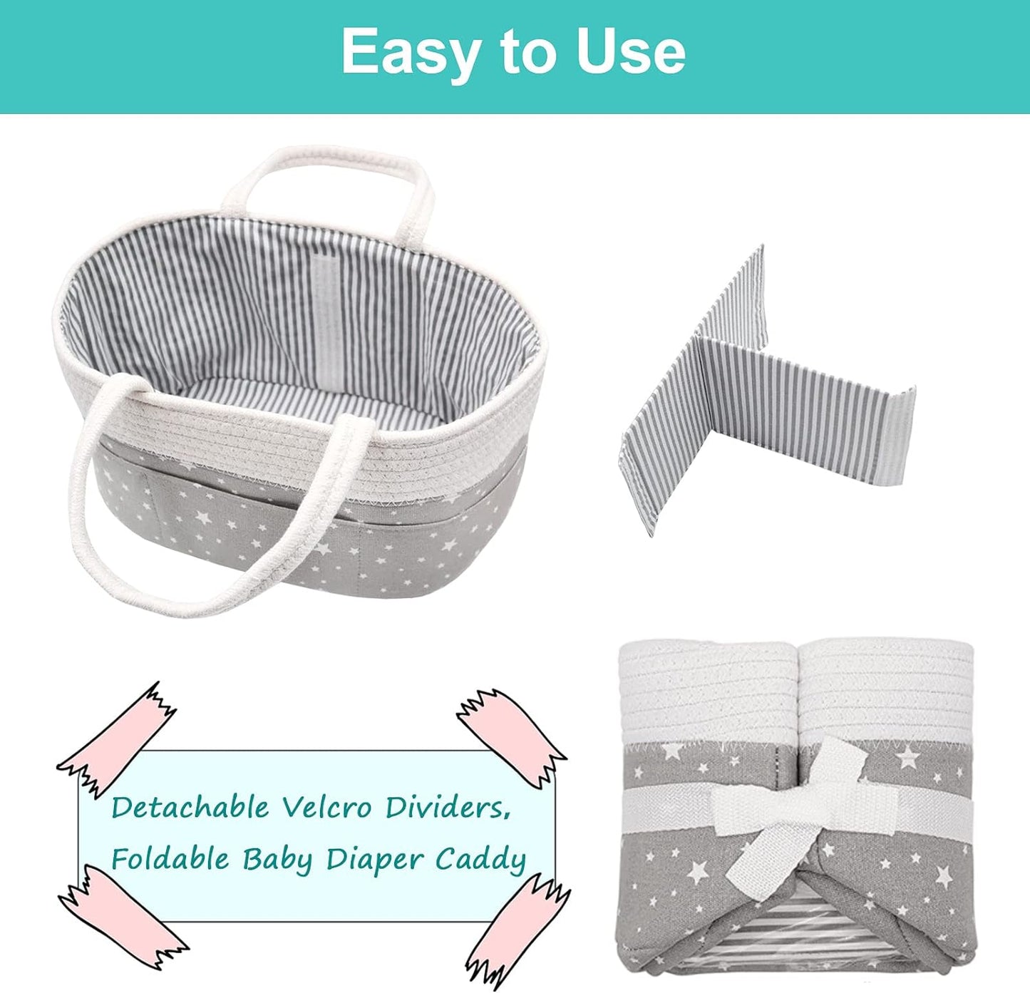 Cotton Rope Baby Diaper Caddy Organizer Nursery Storage Bin Stacker Basket for Newborn Girl & Boy Portable Changing Table Car with Divider for Wipes Diapers(Grey&White Star)