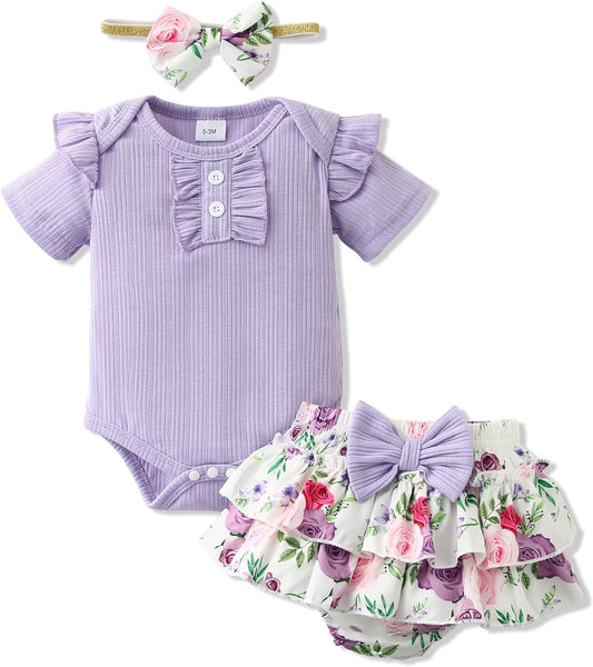 Baby Girl Clothes Newborn Girl Outfits, Infant Ruffle Sleeve Romper+ Floral Shorts+ Cute Headband 3PCS Cotton Baby Summer Clothing Set(Purple,12-18M)