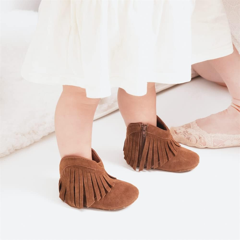 Baby Girls Cowboy Tassel Boots Side Zipper Moccasins Soft Bottom Non-Slip Toddler Shoe