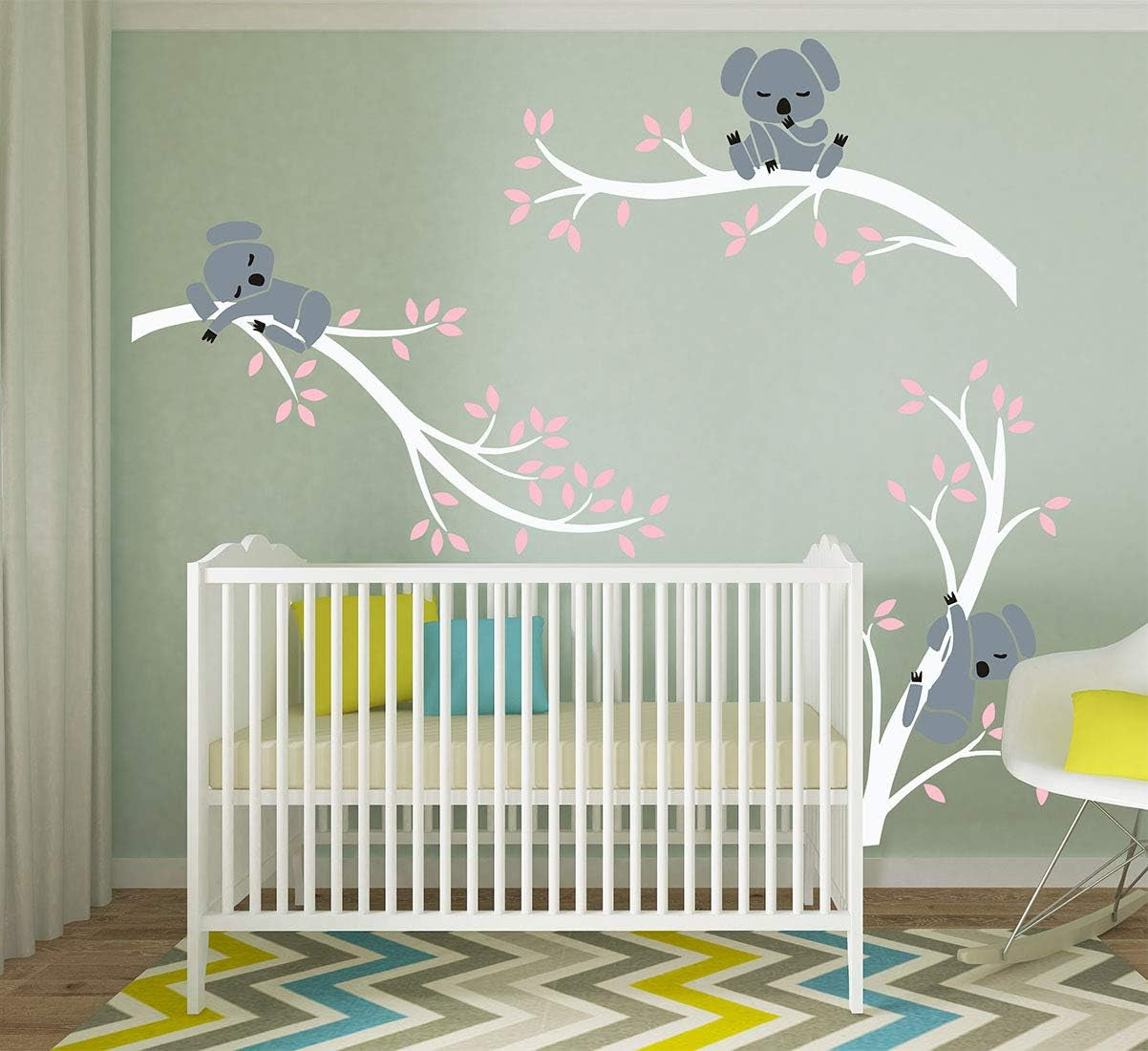 Three Koalas Tree Branches Wall Decal Wall Sticker Baby Nursery Decor Kids Room Decoration (White+Pink)