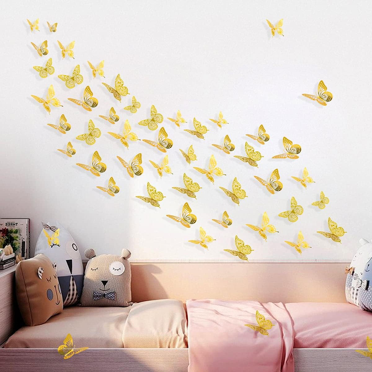 Butterfly Wall Stickers Decorations 3D Butterflies Decals for Girls Room Bedroom Nursery Decor Butterfly Birthday Party Decoration Wedding Cake Decorating 48Pcs (Gold)