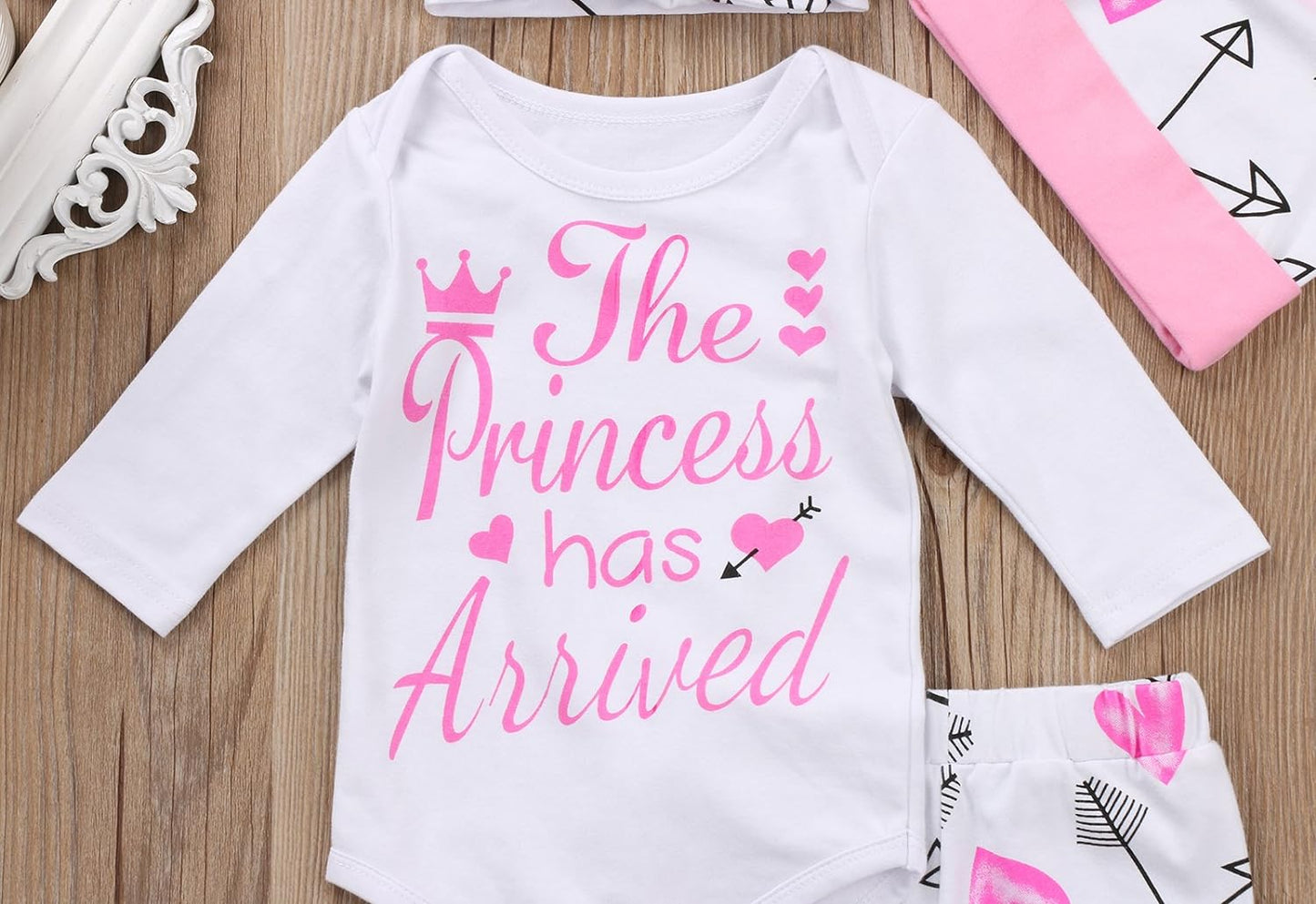 4 Pcs Baby Girls Pants Set Newborn Infant Toddler Letter Romper Arrow Heart Pants Hats Headband Clothes Pink