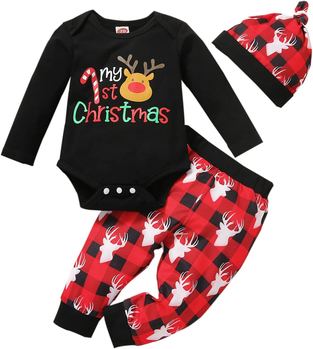 Newborn Baby Girl Boys Christmas Clothes Set Deer Printing Rompers+Long Plaid Pants+Hat Cute Infant Outfits (Christmas Baby Clothes Set B,0-3 Months)