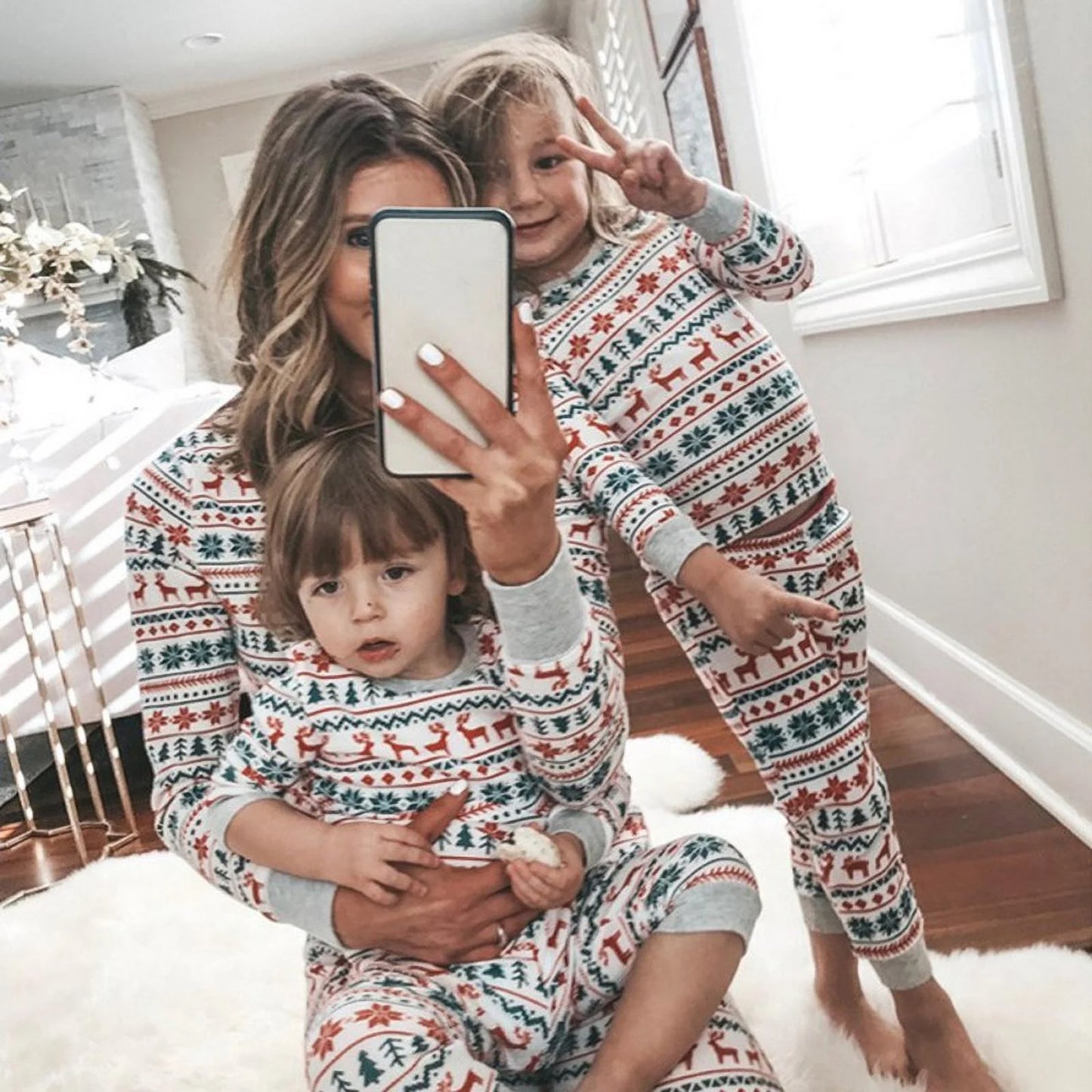 Family Matching Christmas Deer Printing Family Fitted Cotton Soft Two-Piece Pajamas Sets Outfits, Unisex