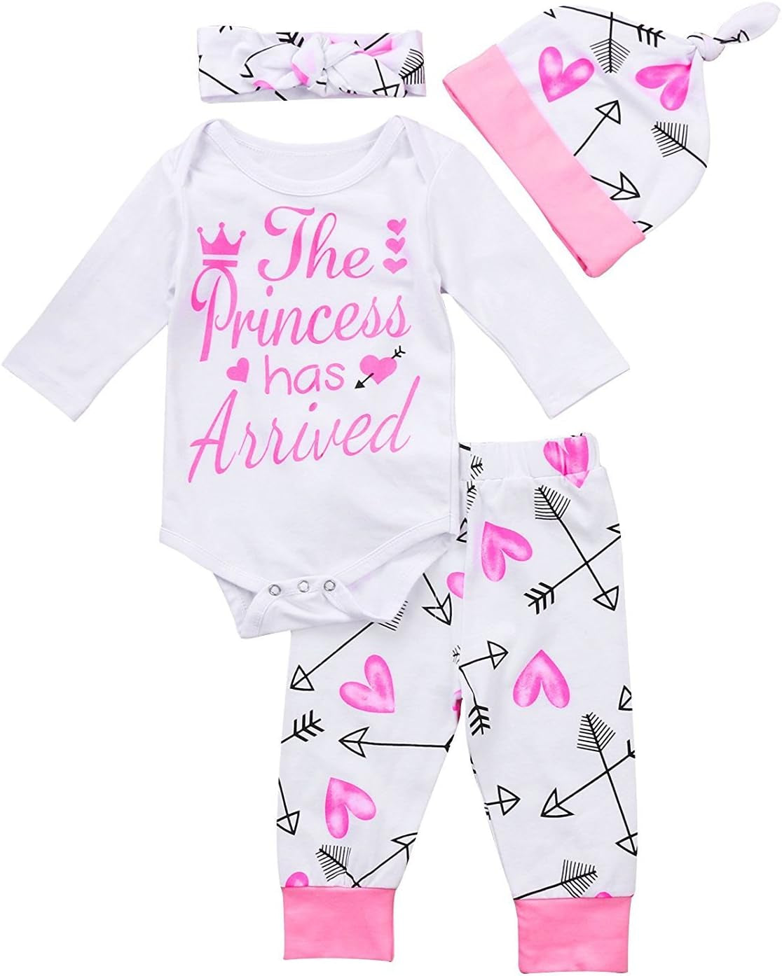 4 Pcs Baby Girls Pants Set Newborn Infant Toddler Letter Romper Arrow Heart Pants Hats Headband Clothes Pink