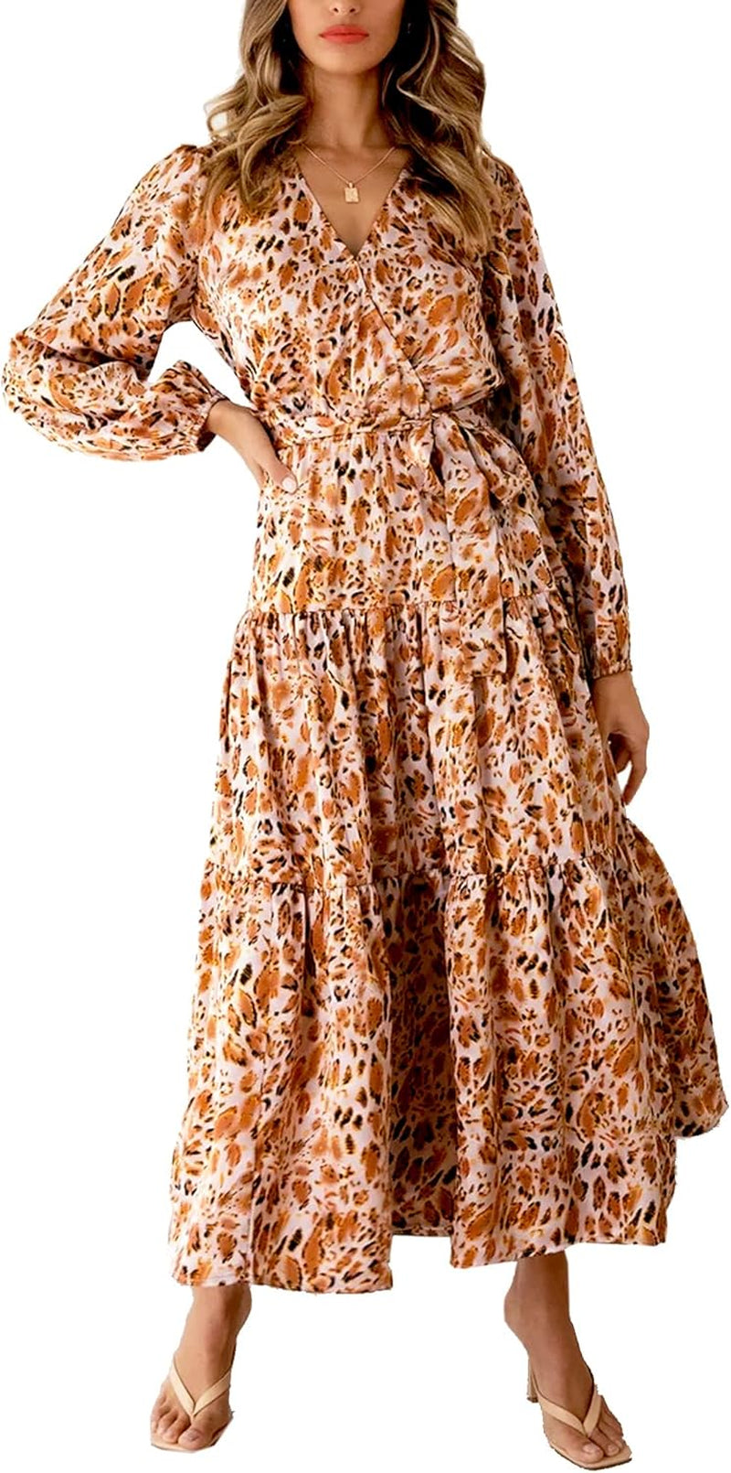 Womens Floral Chiffon Flowy Maxi Dress Wrap V Neck Tie Waist Dresses