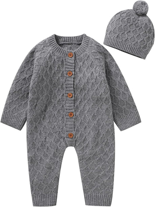 Newborn Baby Sweater Romper Knitted Sweater Long Sleeve Jumpsuit Outfits with Warm Hat