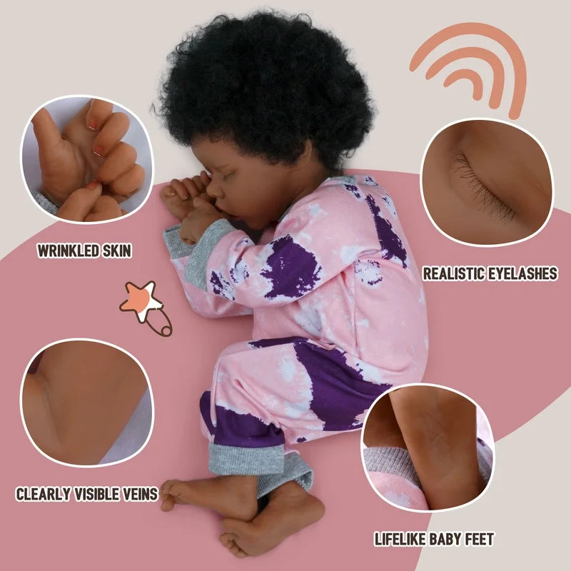 RSG 17-Inch Lifelike Reborn Baby Doll African American Soft Body and Curls, Realistic Newborn, with and Gift Box