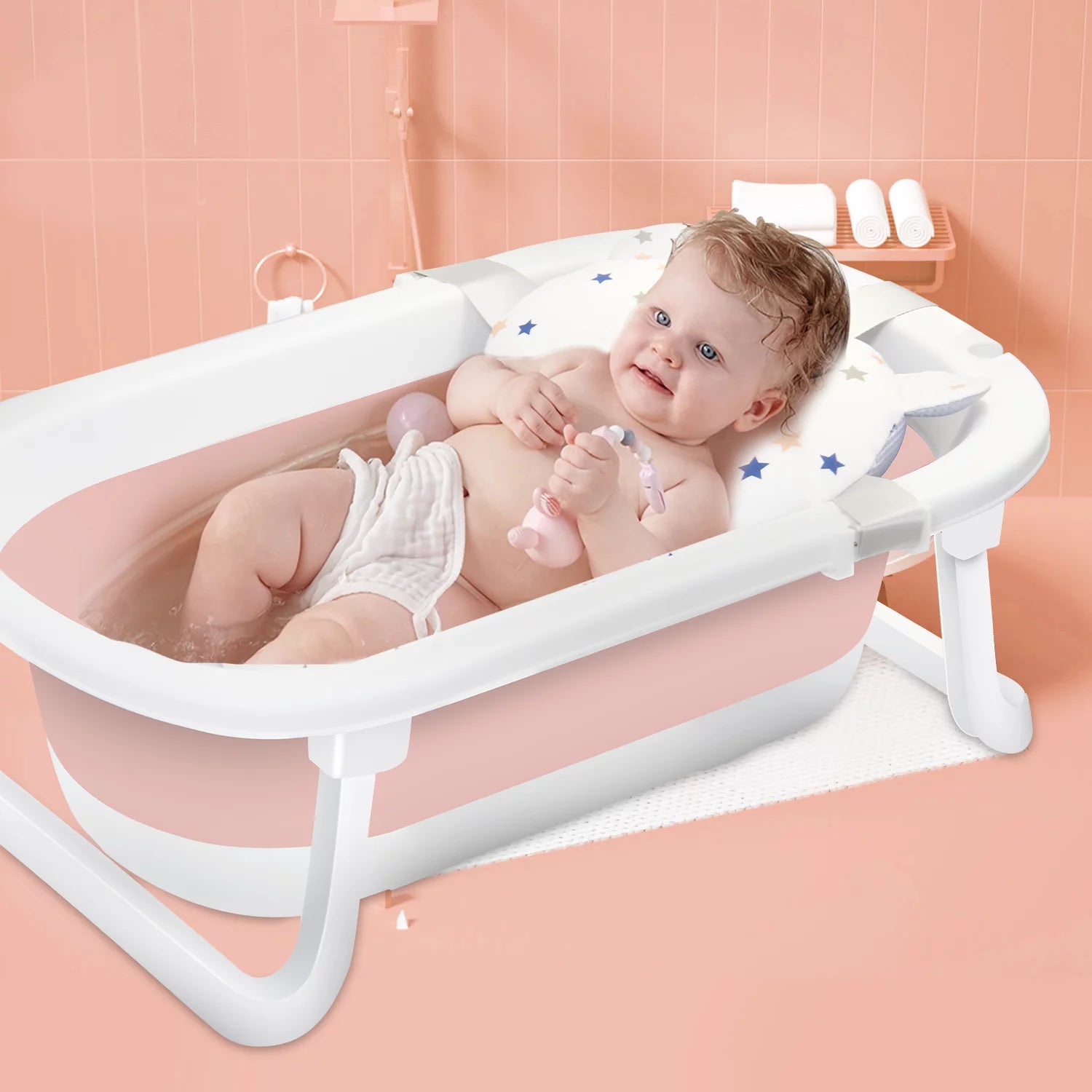 Newborn Baby Bath Tub with Drain Hole, Foldable Toddler Bathtub with Soft Cushion Pad, Portable Travel Bathtub Built in Anti-Slip Support for Newborn 0-36 Month Pink