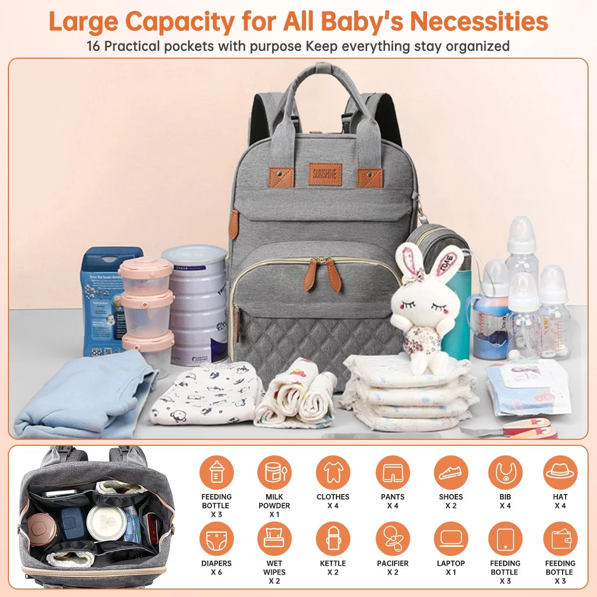 Diaper Bag Backpack, Multifunction Baby Diaper Bag with Changing Station, Large Capacity Waterproof Travel Backpack W/ Pacifier Case & USB Charging, Baby Stuff Organizer, Unisex Shower Gifts(Grey)