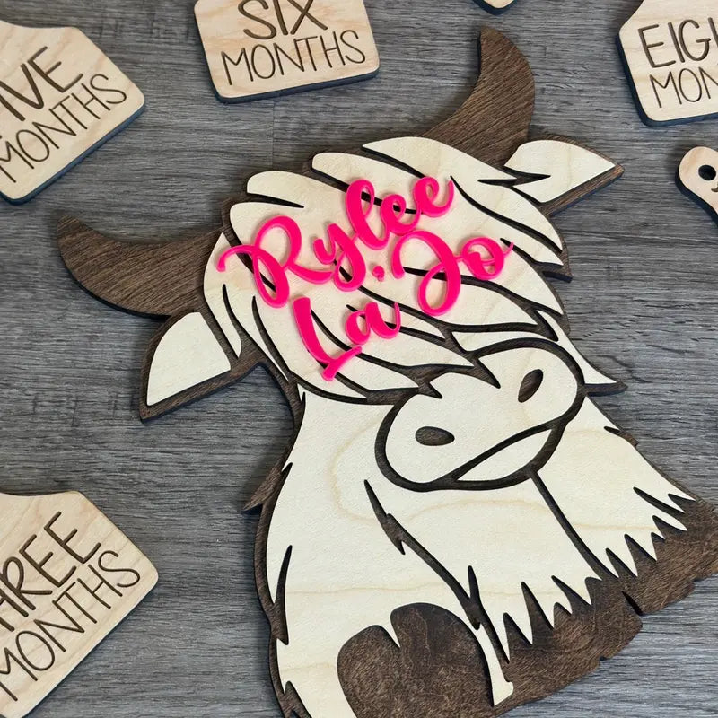 Cow Tag Baby Milestones, Baby Shower Gift, Baby Boy, Baby Girl, Birth Announcement Sign, Engraved Wood Monthly Milestone Photo Prop, Highland Cow Baby