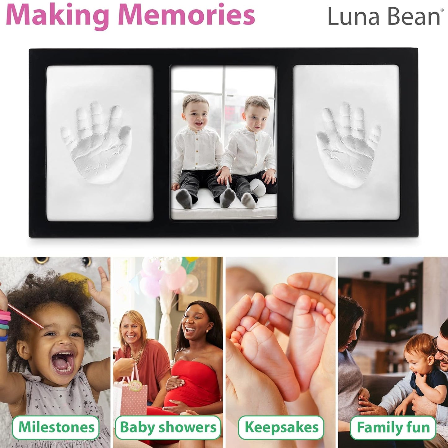 Clay Baby Hand and Footprint Kit with Photo Wall Mount Frame Kit - Inkless Baby Footprint & Handprint Keepsake for Birthdays & Family Activities (Black Frame) - Proud Baby by Luna Bean