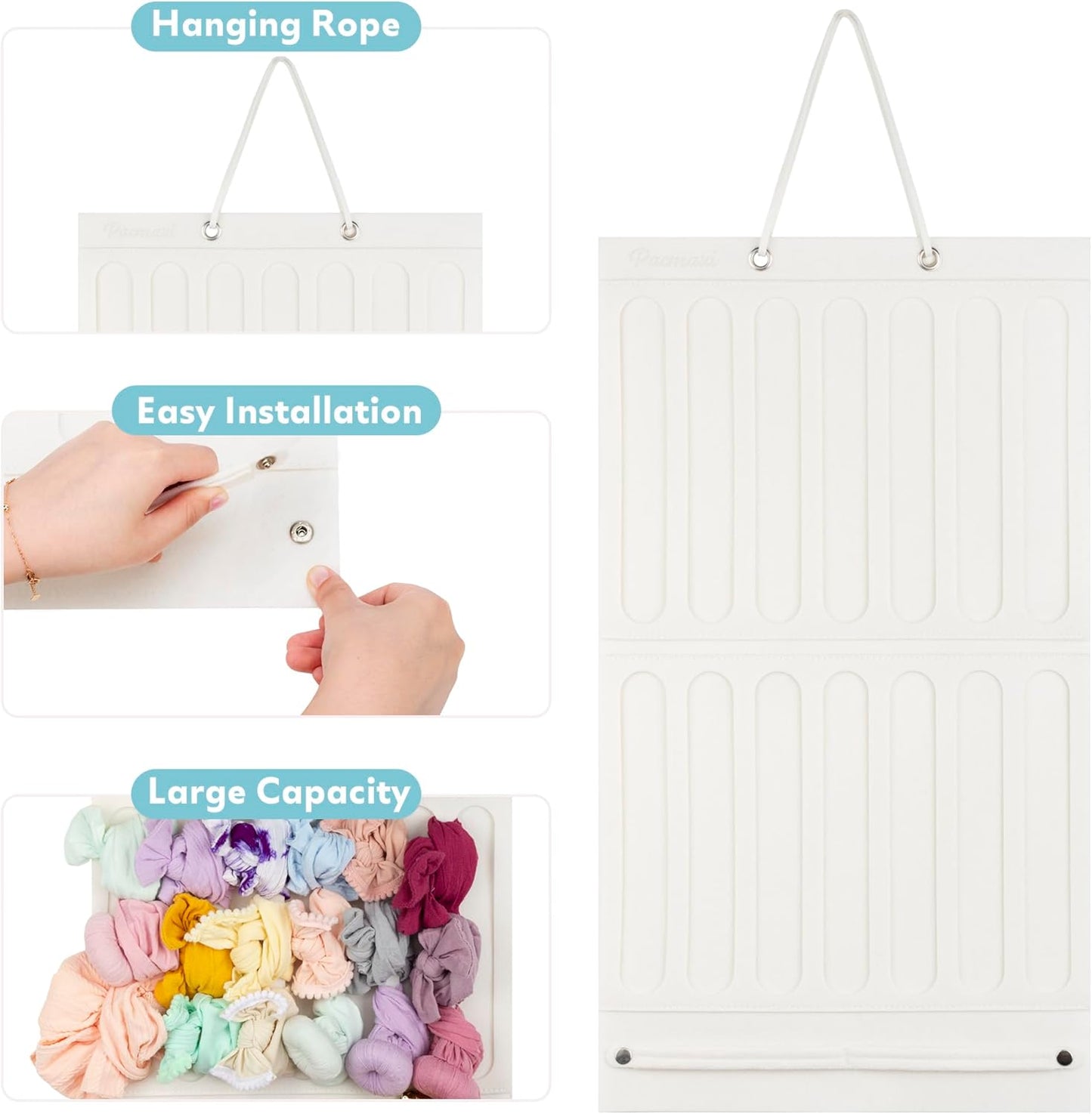 Baby Headband Holder Organizer with 16 Ribbons and 2 Detachable Snaps, Practical and Cute Headband Storage for Your Little Darling (Ivory White)