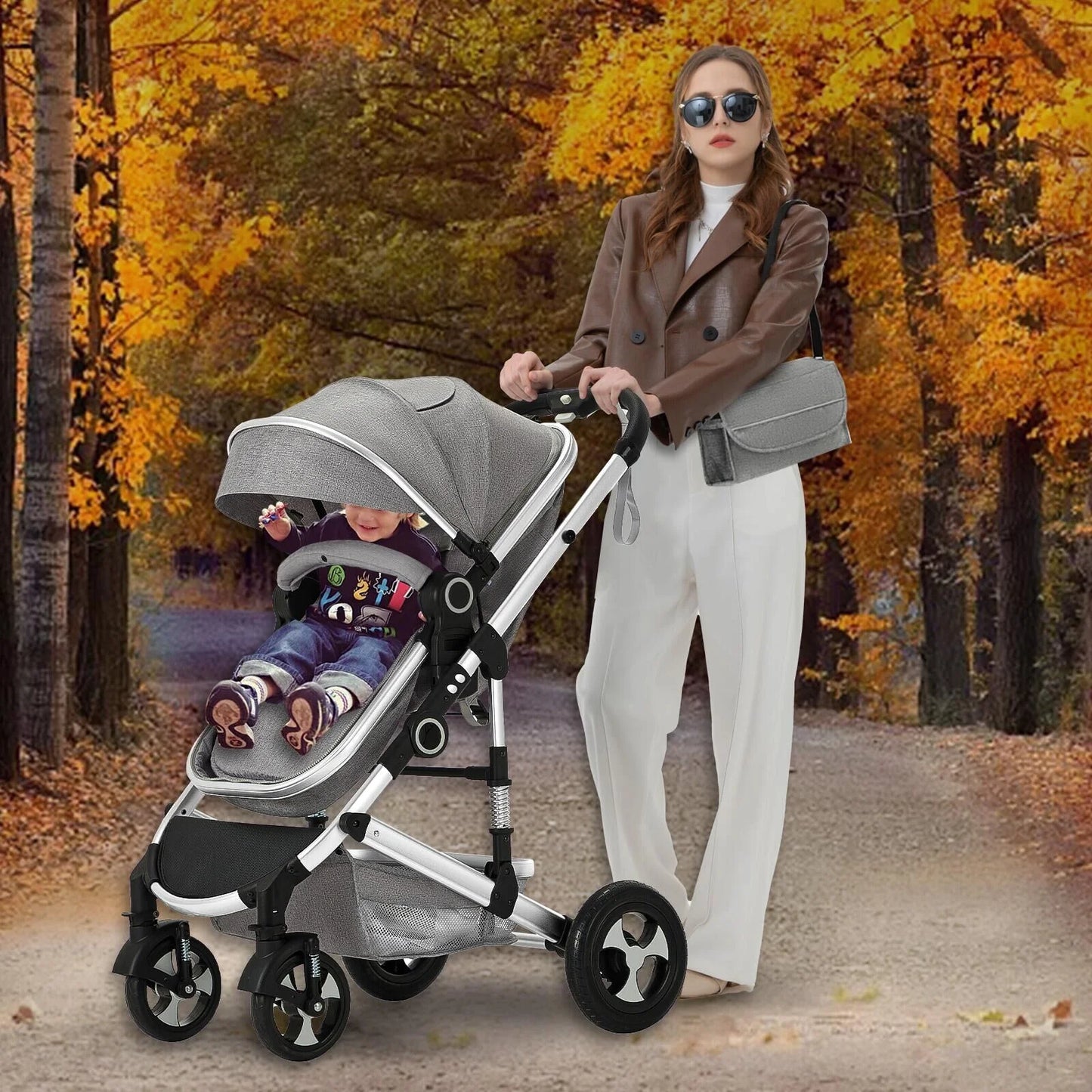 2 in 1 Convertible Baby Stroller, Unisex Folding Infant Newborn Bassinet Pram, Light Grey