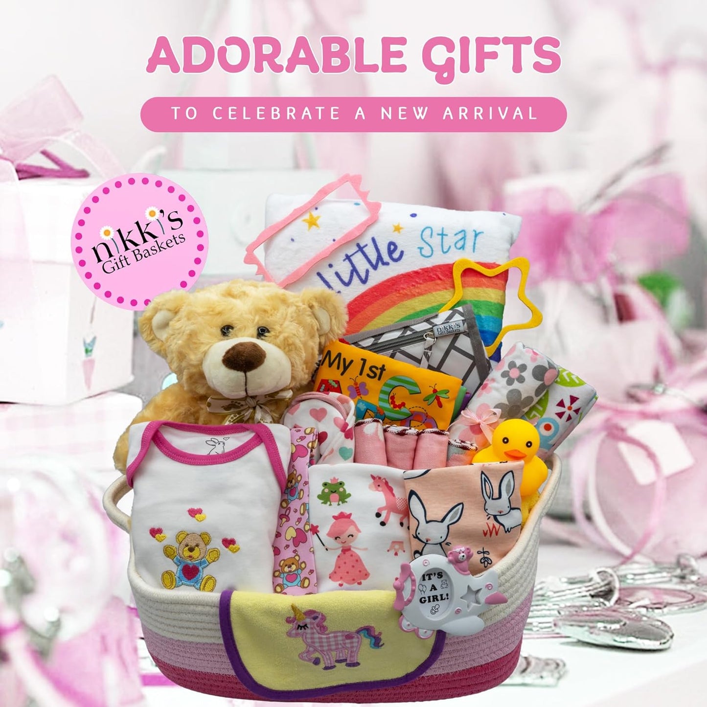 Bundle of Joy Deluxe Baby Girl Gift Set, Baby Layette Set with New Baby Essentials, Baby Gift Basket for Expecting Moms, Pink - Nikki’S Gift Baskets