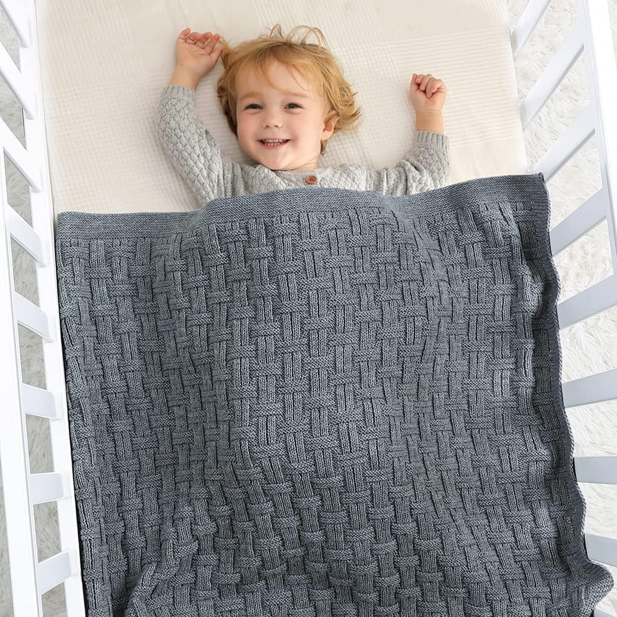 Crochet Grey Baby Blankets Knit Baby Blankets Waffle Weave Celluar Newborn Cable Knit Blanket for Boys Knitted Toddler Baby Blanket Size 40X30 Inches