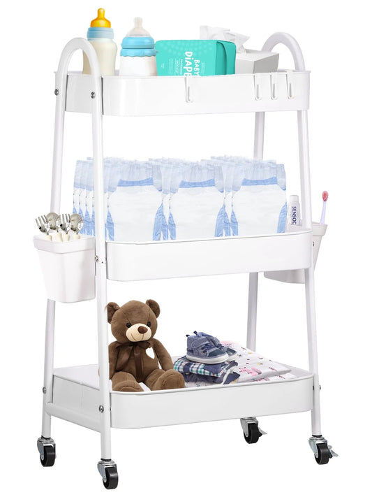 Baby Diaper Caddy Cart Metal Nursery Storage Organizer 3-Tier Rolling Cart Organizer for Diapers and Baby Wipes Newborn Essentials Storage Cart (White)