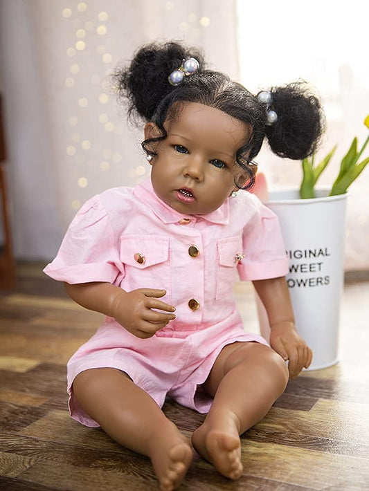 Reborn Baby Dolls Black Girl, African American 20 Inch Realistic Newborn Baby Dolls with Lifelike Soft Body Silicone Limbs Birthday Gift Set for Ages 3+(Pink)