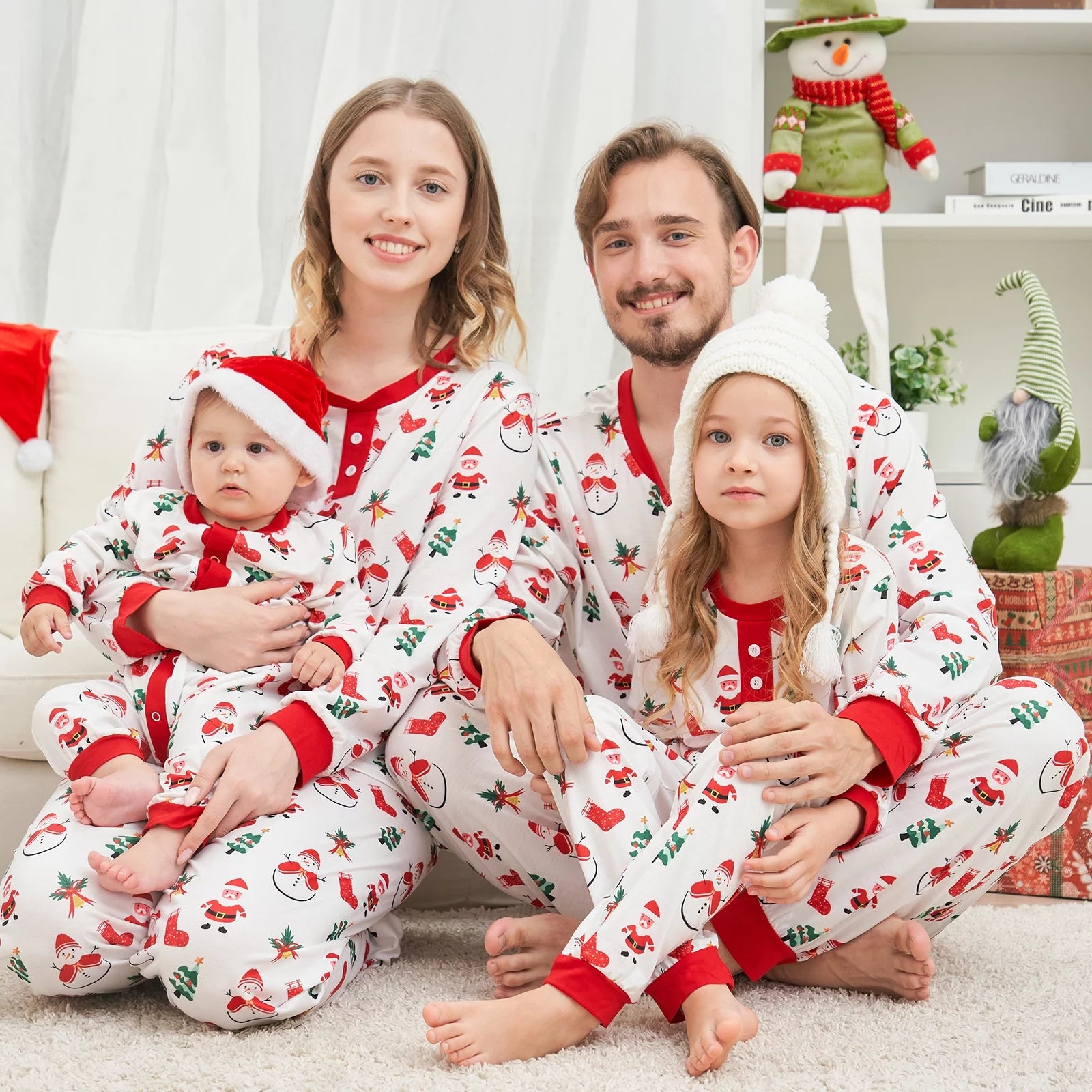 Family Matching Sets Christmas Pajamas Dad Mom Kids Baby Xmas Snowman and Santa Claus Print Long Sleeve Home Wear