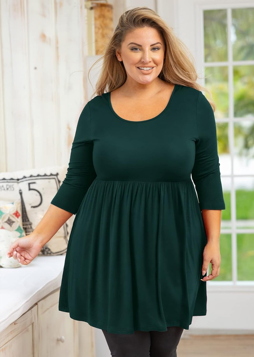 Plus Size Tunic for Women 3/4 Sleeve Dark Green Large Crewneck Tops Christmas Clothing Flowy Blouse Babydoll Summer Fall Winter Maternity Shirts