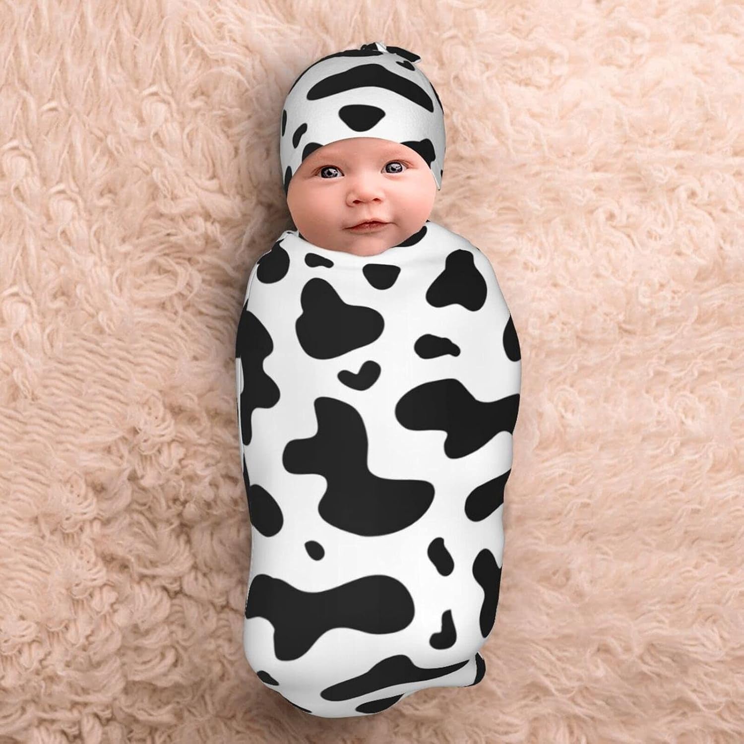 Cow Print Newborn Swaddle Set Baby Receiving Blanket with Beanie Hat Infant Swaddle for Girls Boys One Size