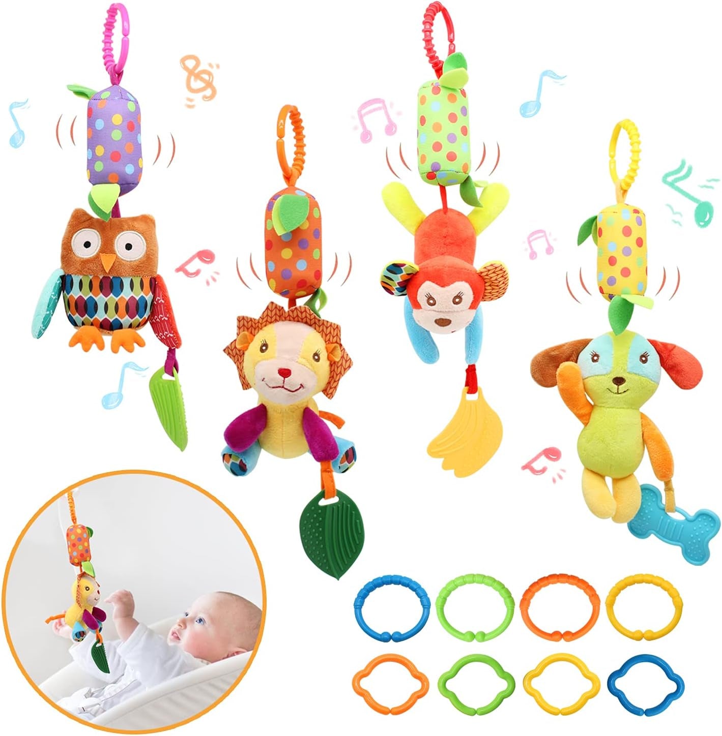 Soft Baby Rattle Toys, Hanging Rattle Clip on Car Seat and Baby Stroller for Infants, Sensory Plush Animal Toys for Newborn Baby Girls and Boys (12 PCS)