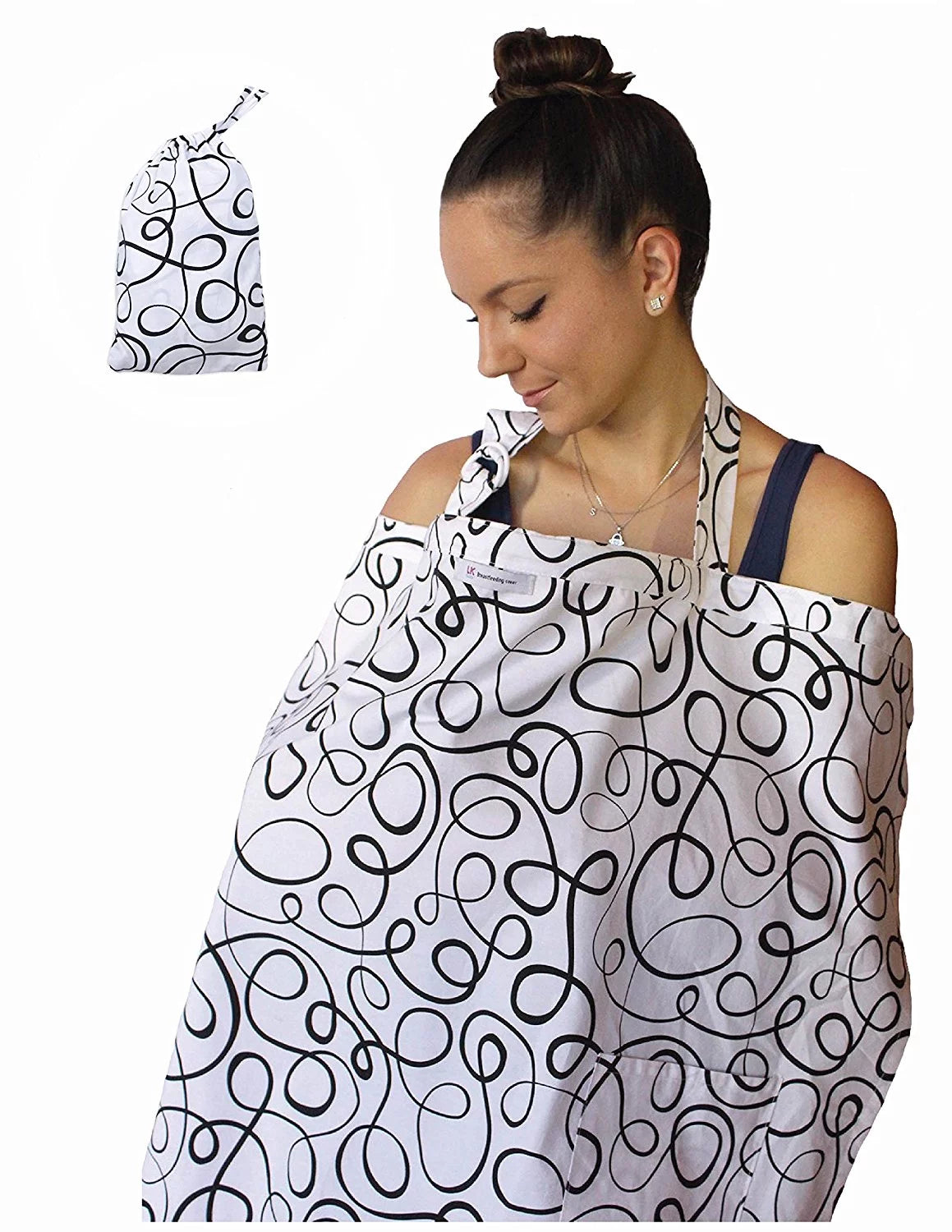 Breastfeeding Nursing Cover Apron Privacy Cover Pumping Supplies for New Moms with Matching Travel Pouch Multi Use Lightweight Soft Cotton - Great Baby Shower Gift in Black and White