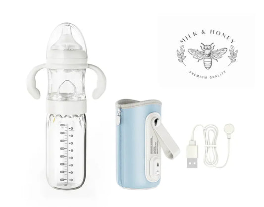 Milk and Honey Baby Bottle with Baby Blue Thermostatic Warmer