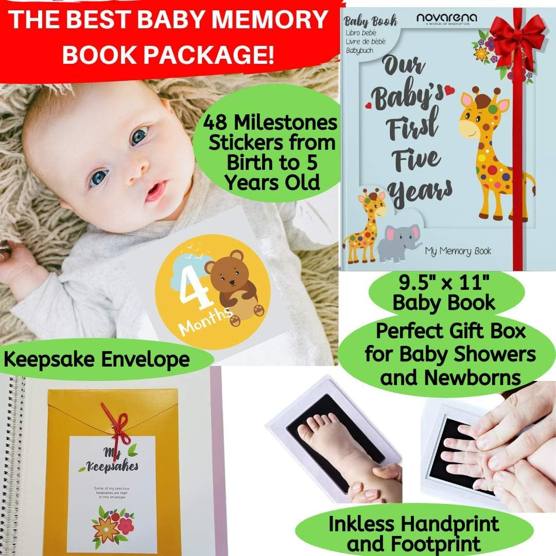 First 5 Years Baby Memory Book Journal Scrapbook 48 Pack Monthly Milestones Stickers & Clean-Touch Baby Safe Ink Pad