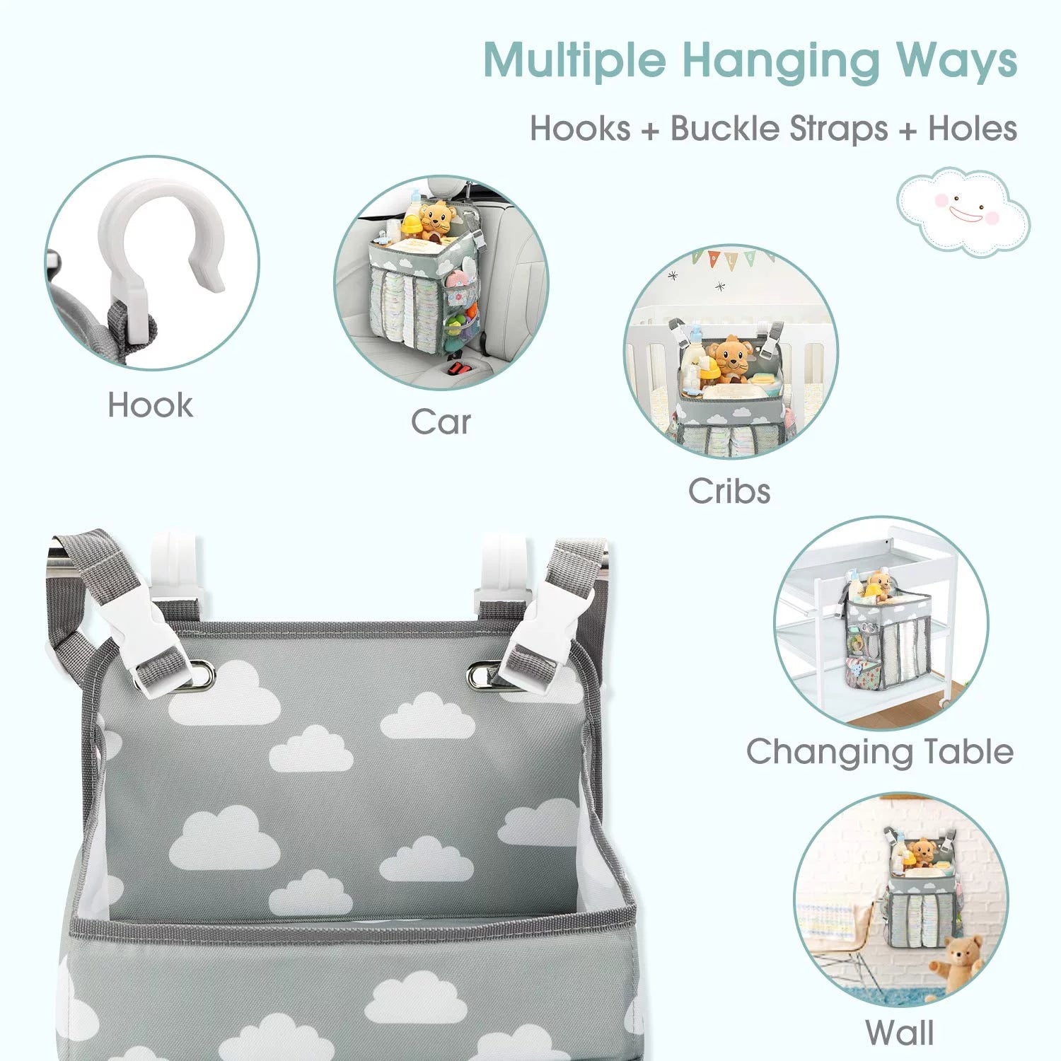 Hanging Diaper Caddy Organizer - Diaper Stacker for Changing Table, Crib(Gray Cloud)