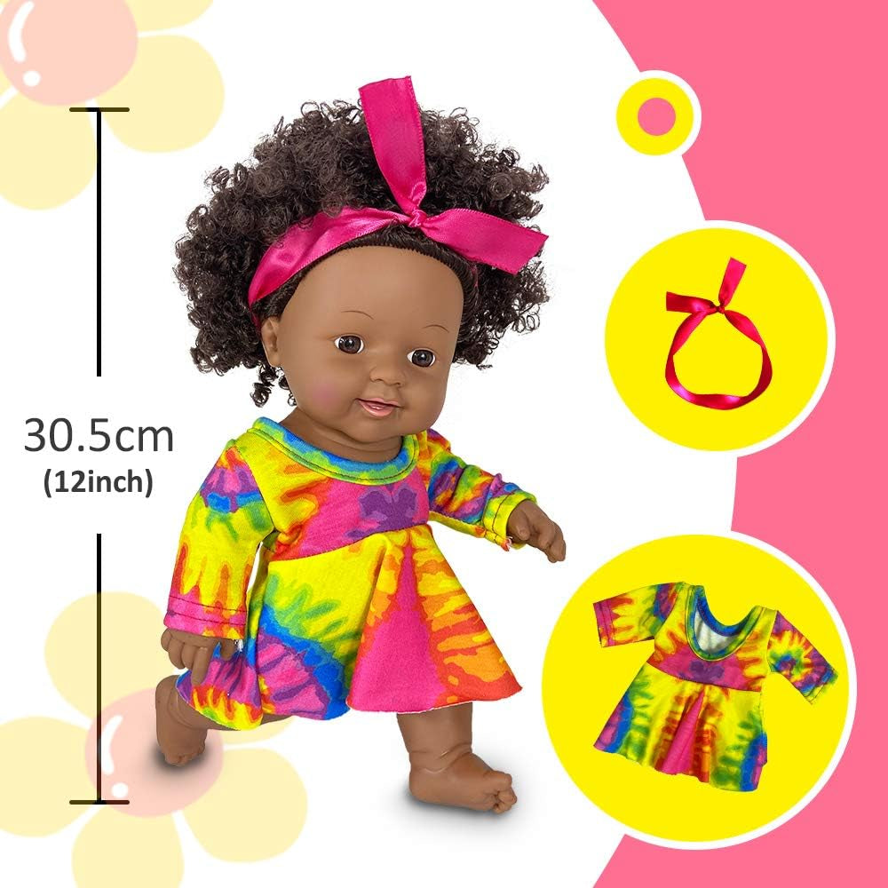 Black Girl Dolls 12In American African Baby Doll Aged 2 3 4 5 6 7 Years Fashion Play Doll Reborn Baby Toy Doll - Life Size Adjustable Perfect for Gifts