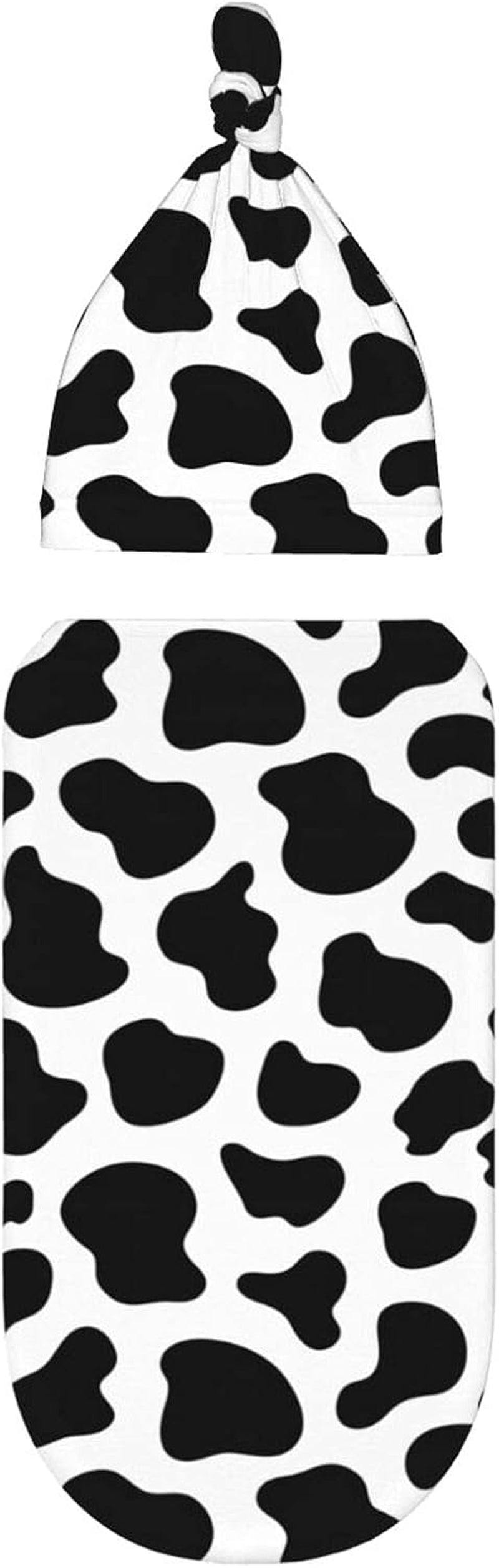 Cow Print Newborn Swaddle Blanket Baby Receiving Blanket with Beanie Hat Soft and Stretchy Infant Swaddle Wrap Blanket