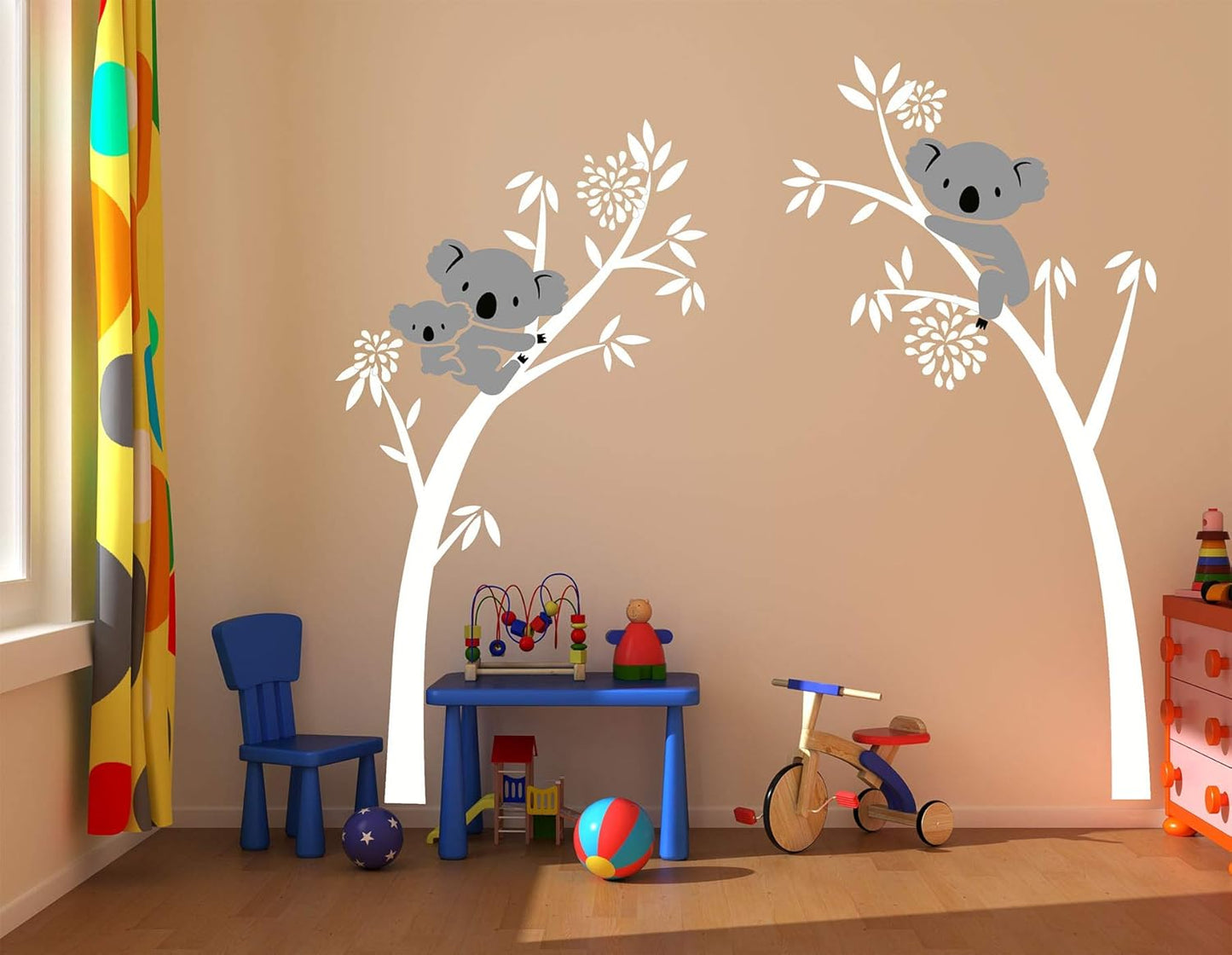 Three Koalas Tree Branches Wall Decal Wall Sticker Baby Nursery Decor Kids Room Decoration (White)