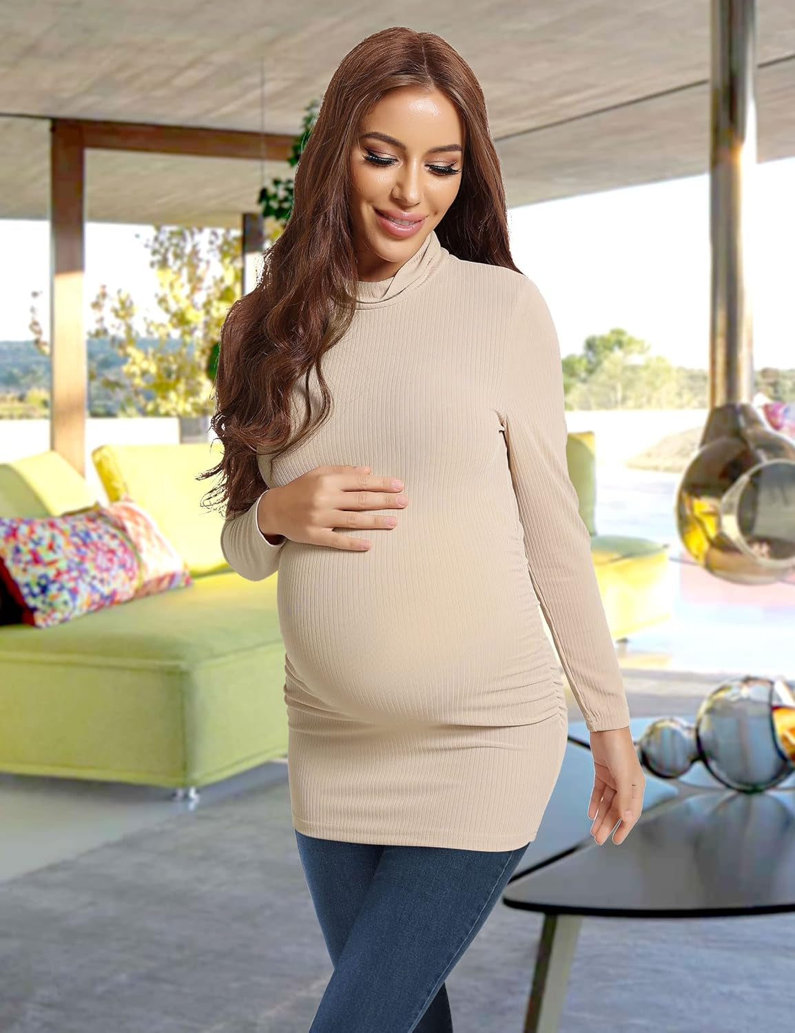 Turtleneck & Long Sleeve Ribbed Maternity Shirts Basic Top Ruch Sides Bodycon Tshirt for Pregnant Women